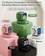 Altavoz Bluetooth 5 en 1 de robot retro: cargador inalámbrico de 15 W, pantalla LED de píxeles, sonido estéreo de 10 W y 15 ruido blanco, reloj despertador, lindo altavoz inalámbrico portátil para