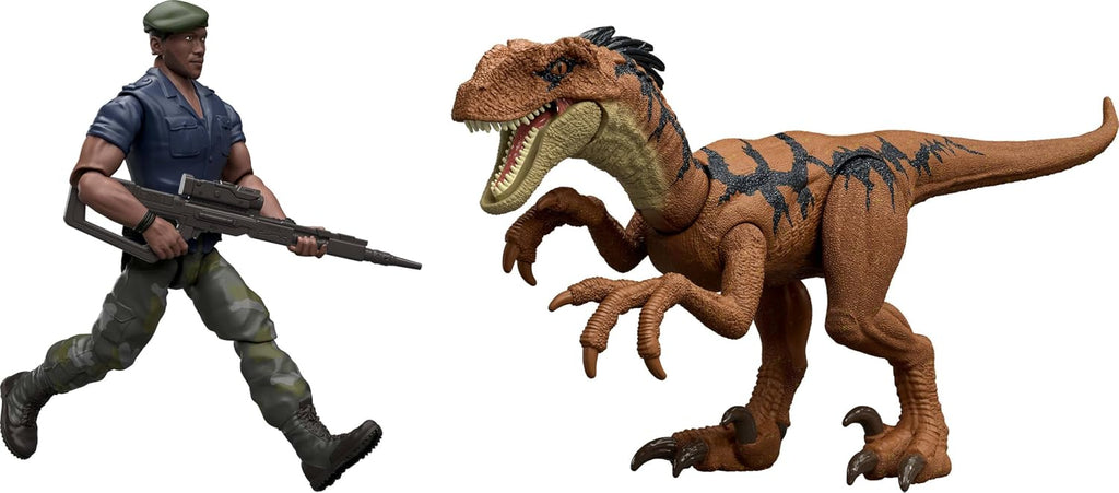Mattel Jurassic World Rebirth - Paquete de figuras de humanos y dinosaurios, Duncan Kincaid y Velociraptor, escala precisa de la película de 3.75 pulgadas, coleccionable