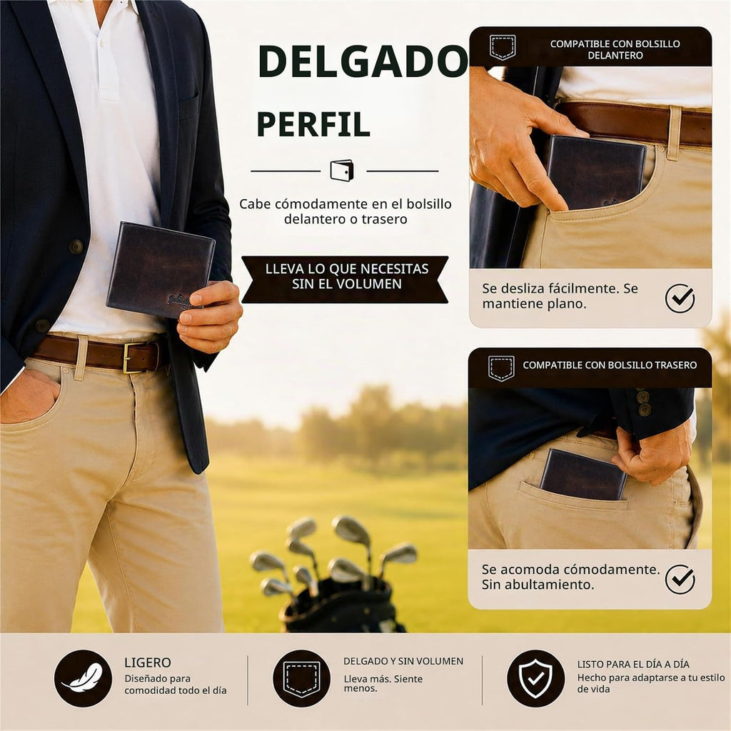 Cartera plegable de cuero de grano superior para hombre, con bloqueo RFID, gran capacidad, espaciosa, 9 ranuras para tarjetas, 2 ventanas para identificación, 2 bolsillos para efectivo