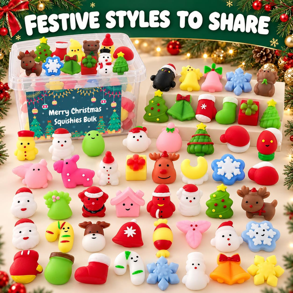 Recuerdos de fiesta de Navidad, 120 piezas de juguetes Squishies para niños, Mochi Squishy al por mayor, juguetes Kawaii mini para apretar, rellenos para bolsas de regalo, premios de aula para niños y