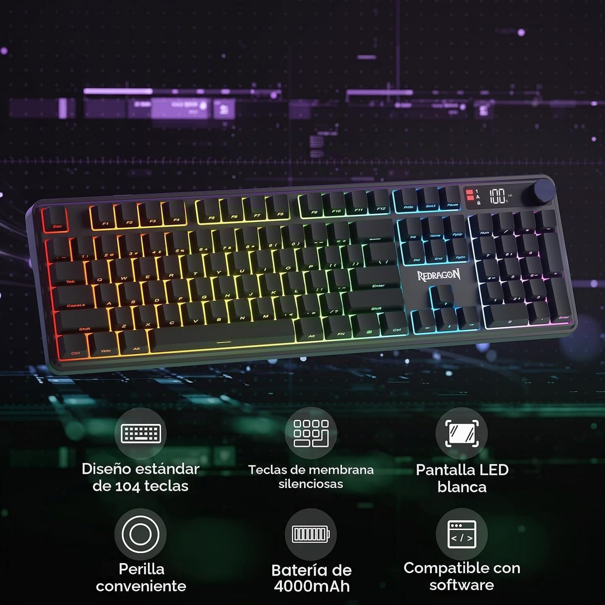 Redragon Teclado inalámbrico K526 PRO RGB para juegos, 104 teclas d...