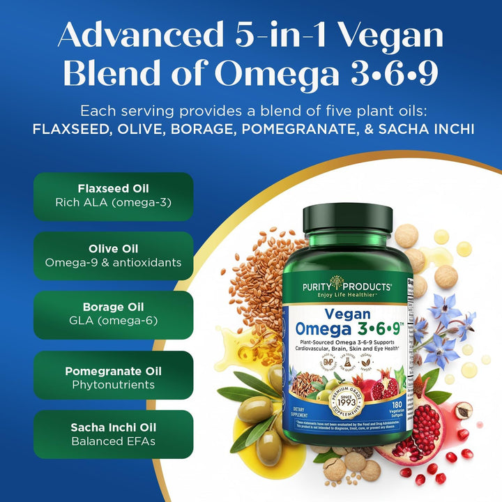 Purity Products Fórmula vegana Omega 3 6 9 - Complejo de ácidos gra...