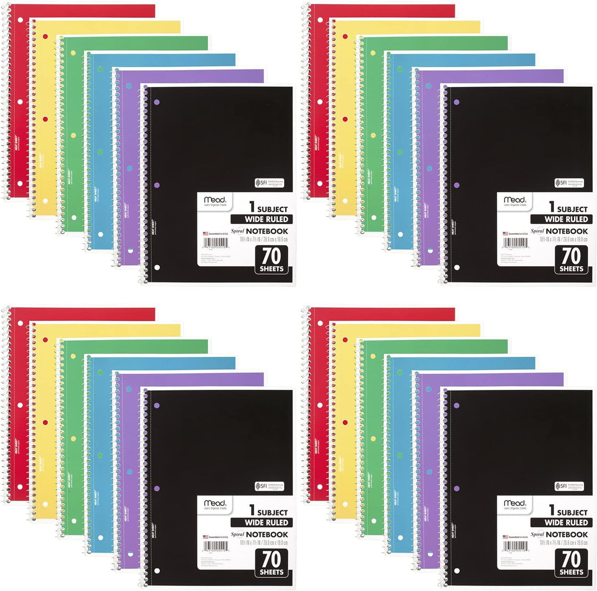 Cuaderno en espiral Mead, paquete de 24, 1 materia, papel rayado ancho, 7-1/2" x 10-1/2", 70 hojas por cuaderno, los colores pueden variar (930203-ECM25)