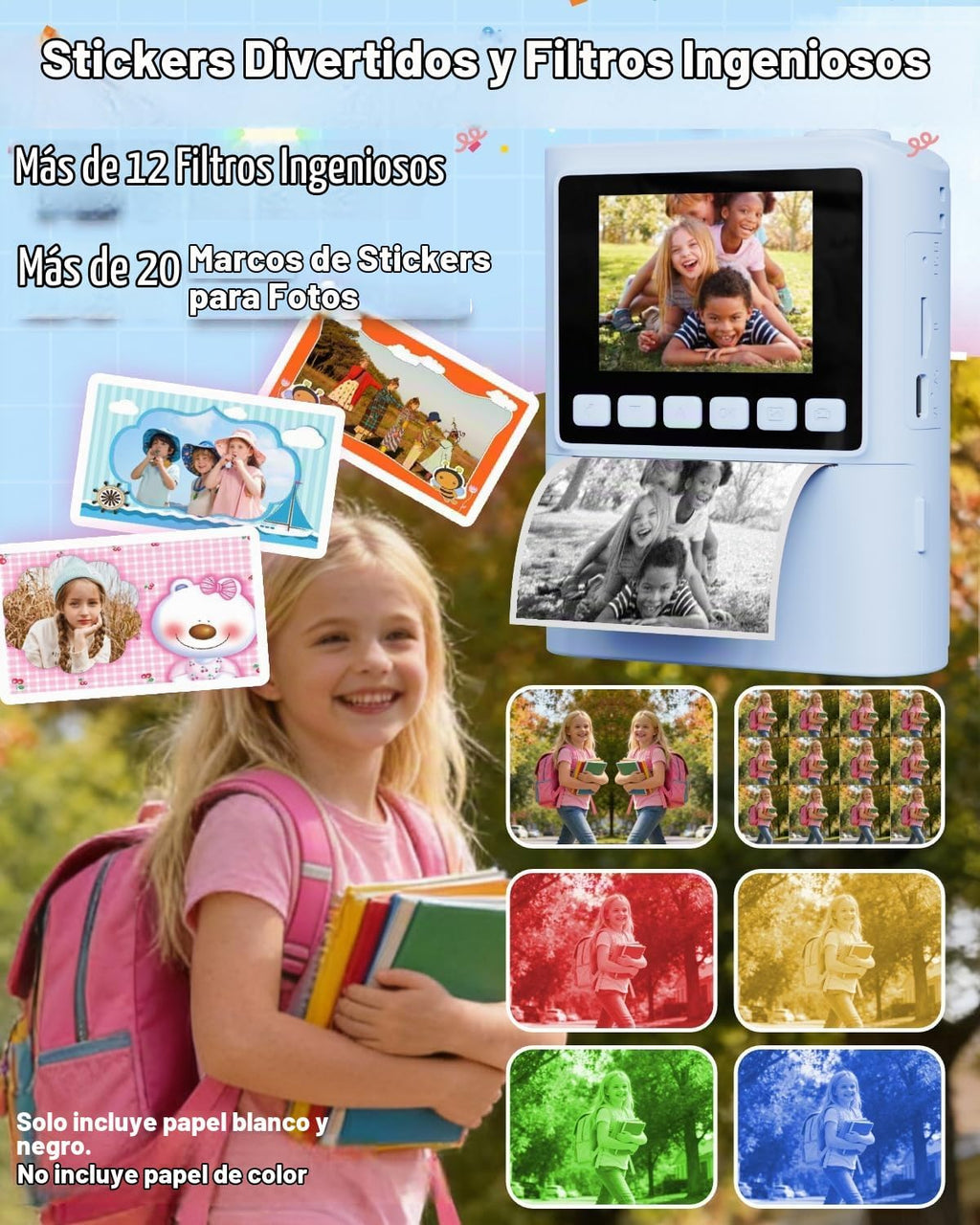 Cámara de impresión instantánea para niños, cámaras de impresión digital instantánea 1080P para niños pequeños, juguete portátil para niñas de 4, 5, 6, 7, 8, 9, 10 años, regalos de cumpleaños de Navidad para niñas y niños con tarjeta SD azul