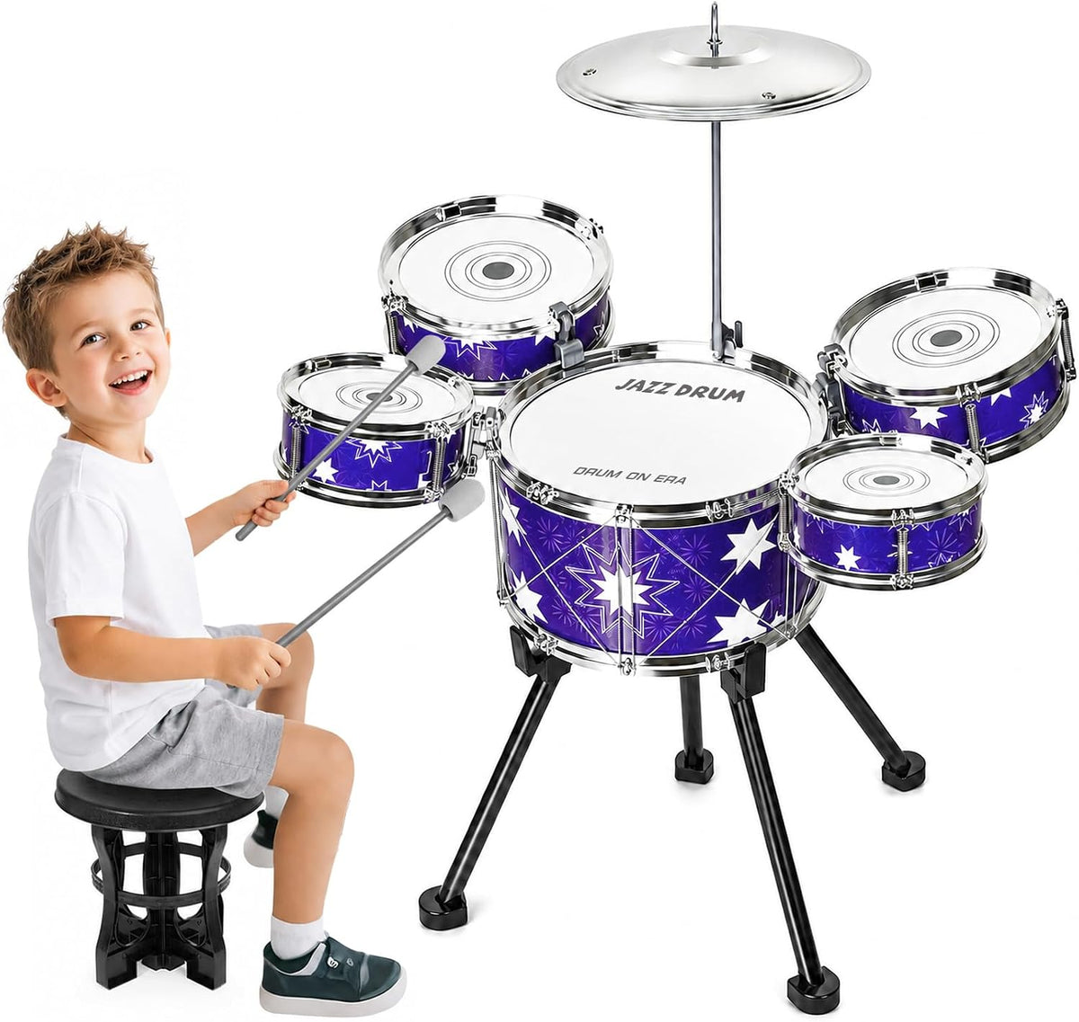 Juego de batería mejorado para niños pequeños de 3 a 5 años, kit de batería de jazz con 5 tambores de percusión musical, juguetes para niños y niñas, regalos
