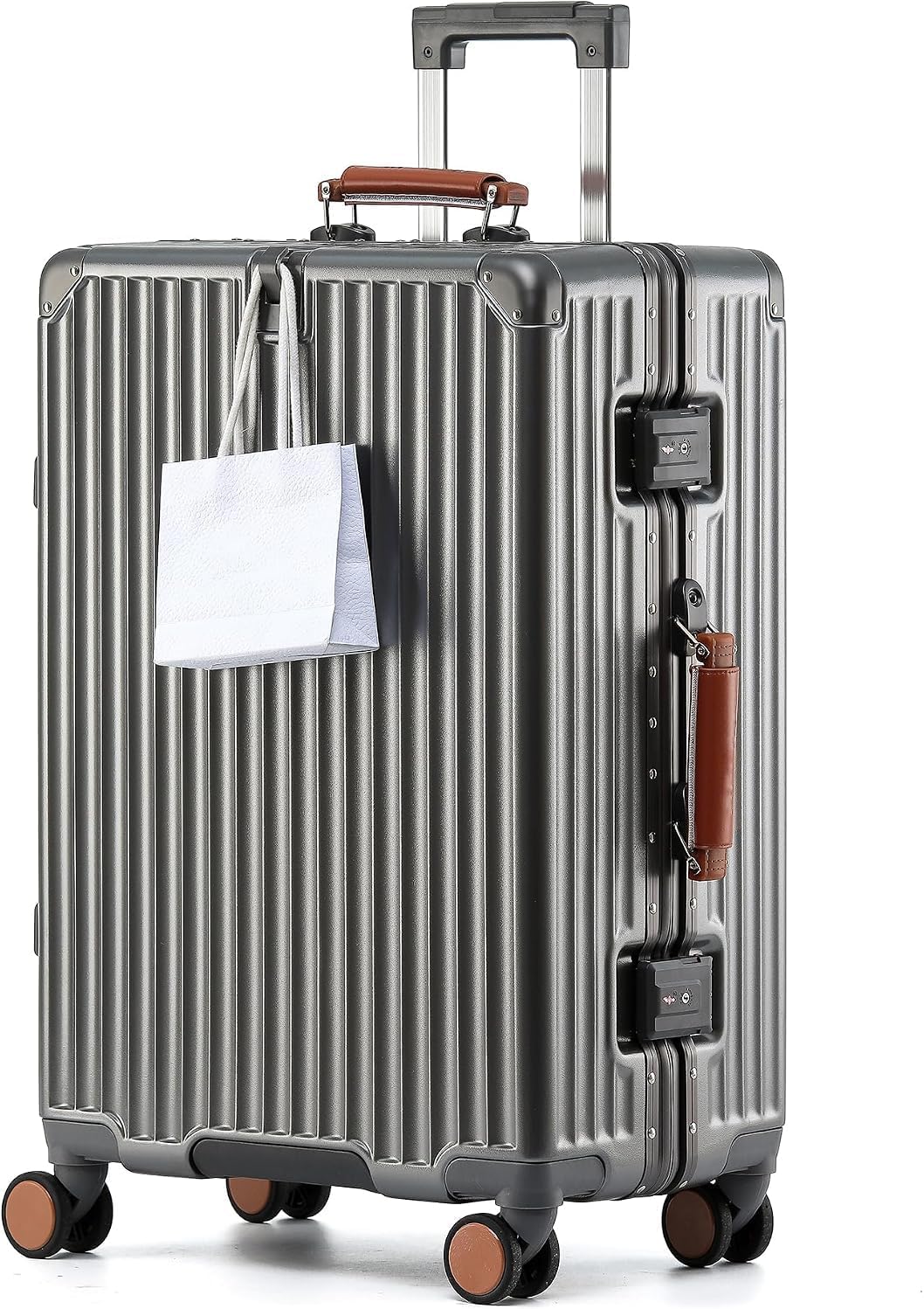 HotWay Equipaje de mano con mango de cuero, maleta sin cremallera de policarbonato con ruedas giratorias y cerraduras TSA, equipaje aprobado por aerolíneas de 22 x 14 x 9 para viajes, Gris, Equipaje
