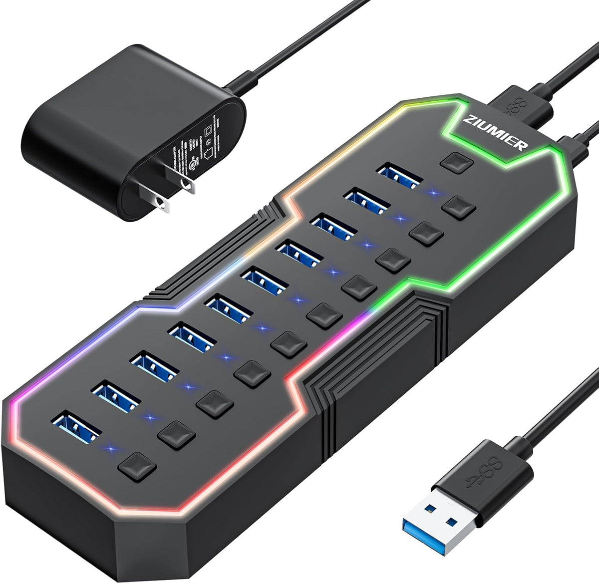 ZIUMIER, L100, hub USB 3.0 de 10 puertos, alimentado, adaptador 12V/2A