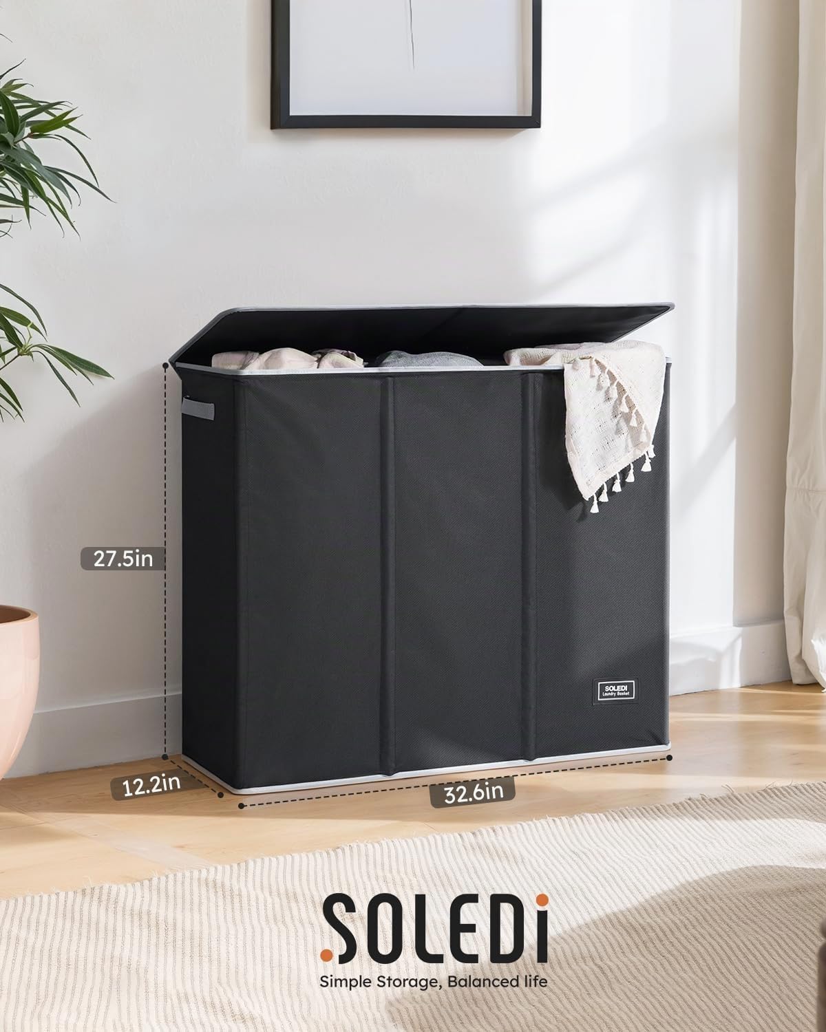SOLEDI Cesta de ropa sucia de 180L de 3 secciones, cesta de ropa sucia extra grande con tapa, cesta de ropa sucia con asa resistente, organizador de cesta grande de ropa sucia para cuarto de lavado