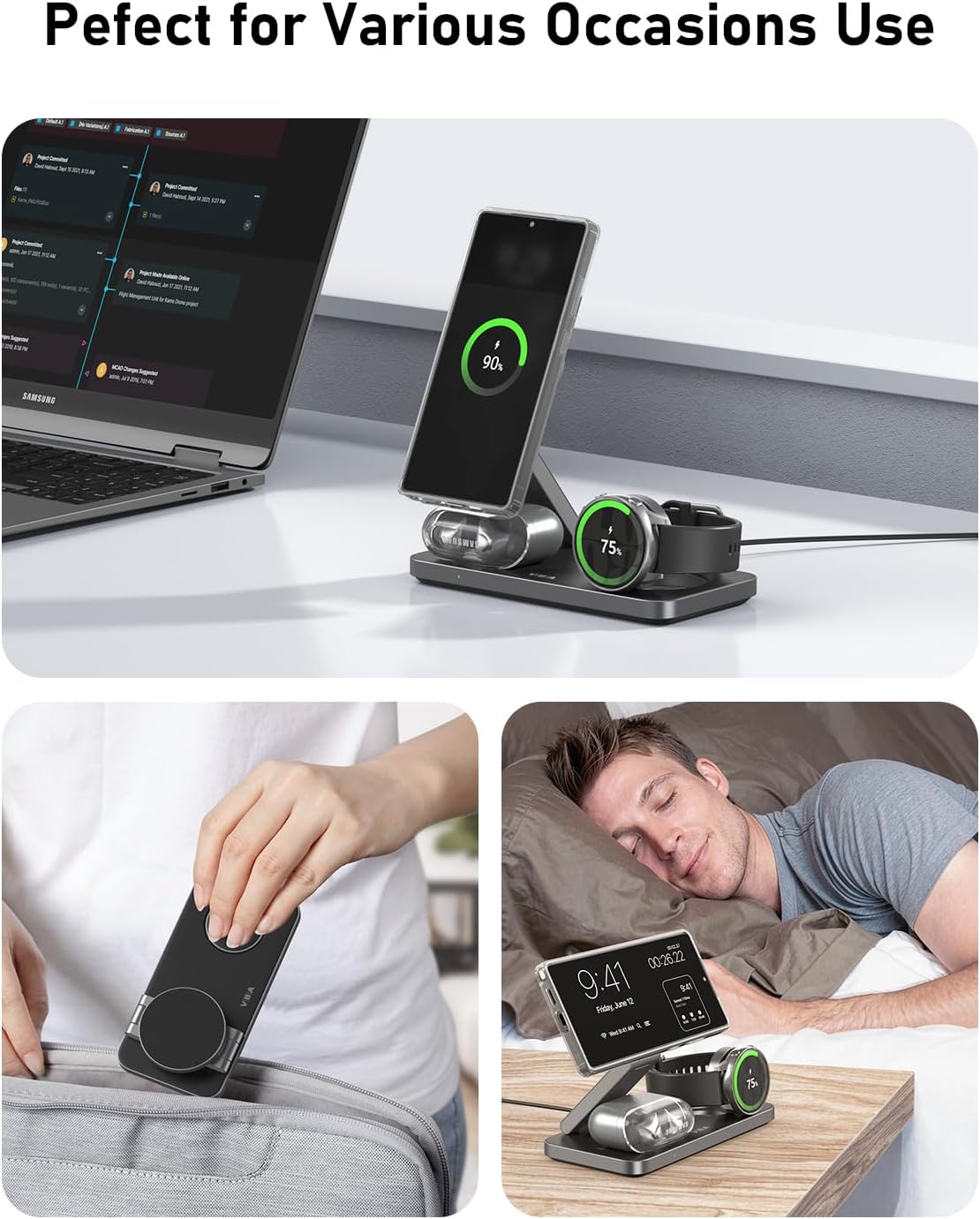 Estación de carga inalámbrica magnética plegable 3 en 1 para Samsung, soporte de cargador inalámbrico para Galaxy S26 Ultra S25/S24/Note 20/Flip 7/Fold 7, para Galaxy Watch Ultra/8/7/6, Galaxy Buds 3