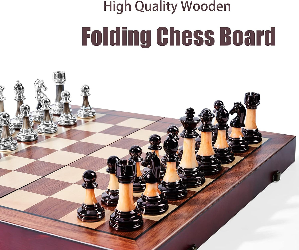 Juego de ajedrez grande de 16 pulgadas/16.5 in de tablero de madera plegable con piezas de ajedrez acrílico ponderadas de lujo, tamaño King de 3.5 pulgadas con ranuras de almacenamiento para adultos, regalo de jubilación de inauguración de la casa