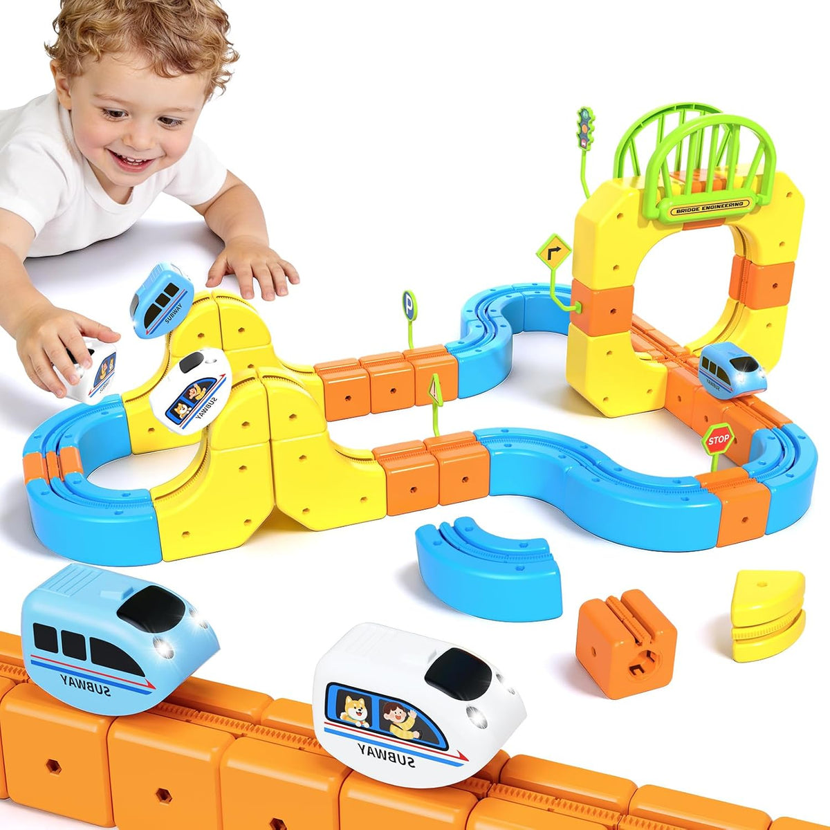 Juego de tren eléctrico para niños de 4 a 8 años, tren 3D Infinity Racer para niños pequeños, juguete de construcción de fusión con pista de carreras antigravedad, regalo divertido de aprendizaje STEM