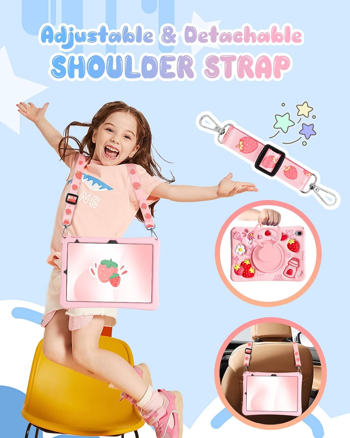 Boaretiu - Funda para iPad A16/10ª generación, para niñas, adolescentes, silicona suave con correa para el hombro y soporte giratorio para iPad de 11.ª generación, funda de 11 pulgadas 2025