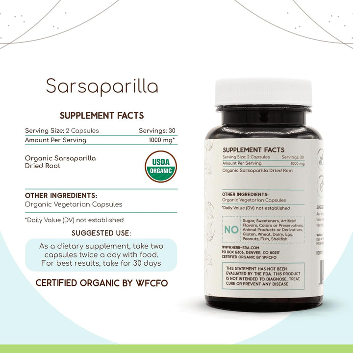Sarsaparilla USDA Organic 60 cápsulas | Suplemento de hierbas natur...