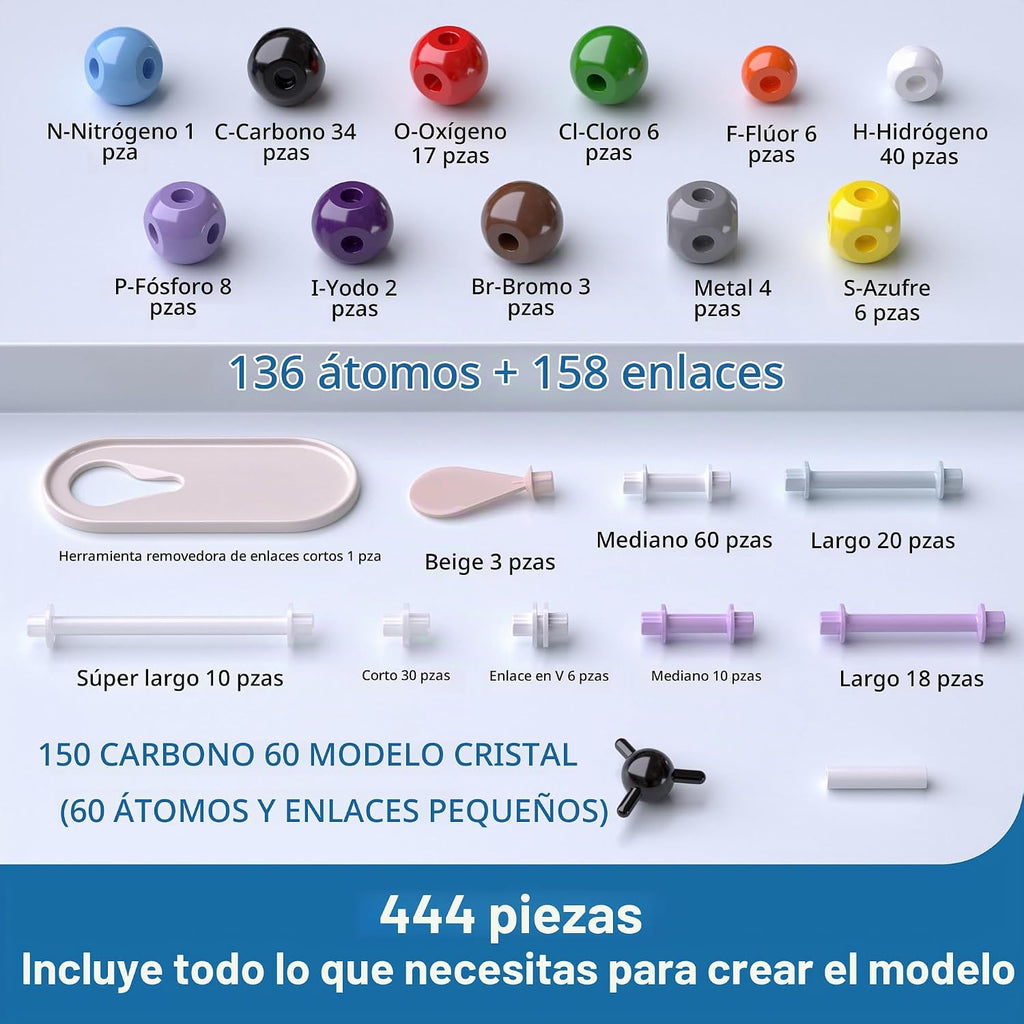 Kit de modelo molecular YCHOULEK, set de química molecular orgánica de 444 piezas, kit de modelo de elementos atómicos para lecciones de química, kit de construcción de estructuras moleculares, regalo