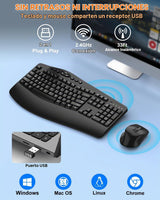 Combo ergonómico de teclado y mouse inalámbricos, teclas onduladas...