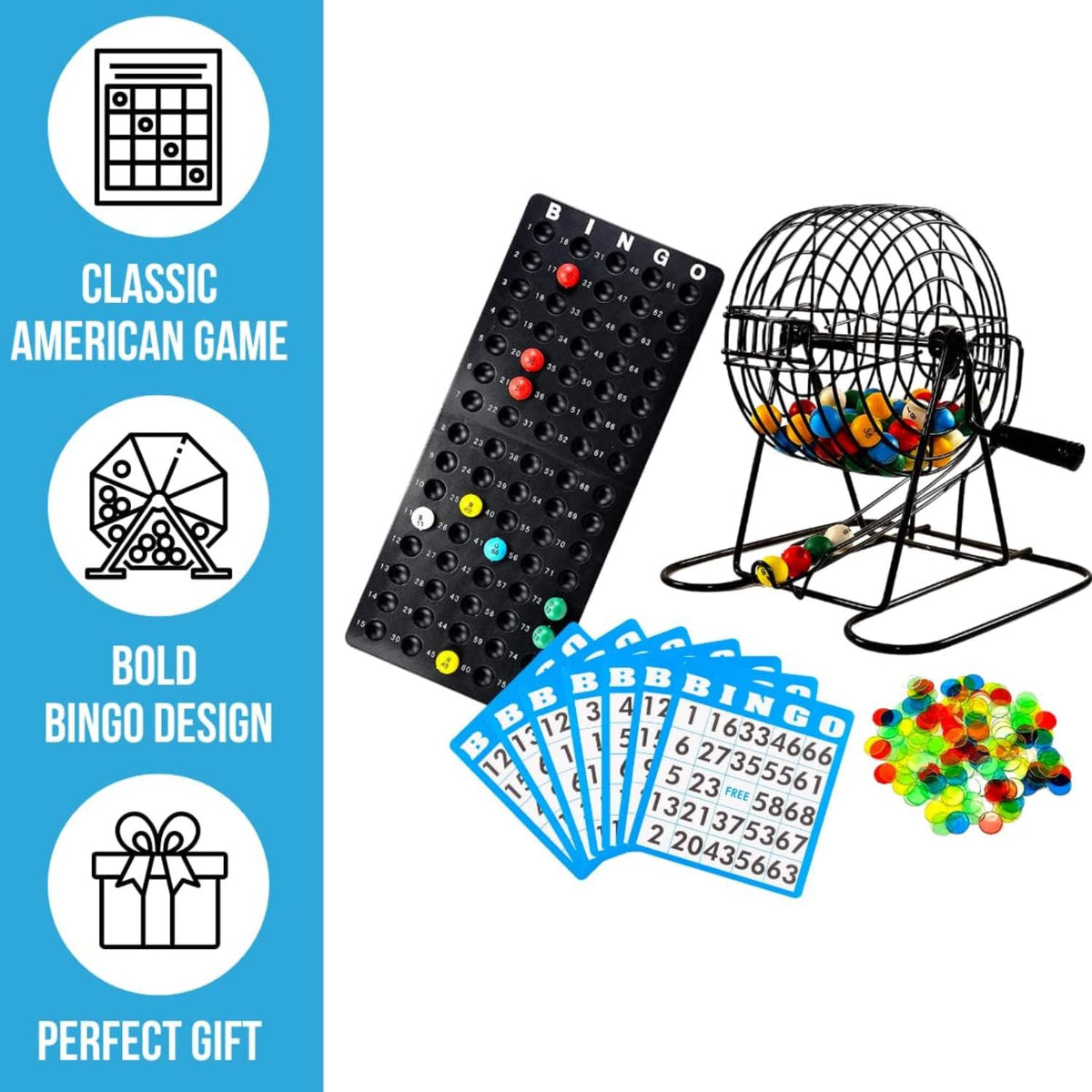 Juego de Bingo Deluxe Regal para Adultos y Niños - Incluye Jaula de Rueda de 8 Pulgadas, 75 Bolas, Tablero Principal, 50 Tarjetas y Fichas Coloridas - Divertida Noche de Juegos Familiares