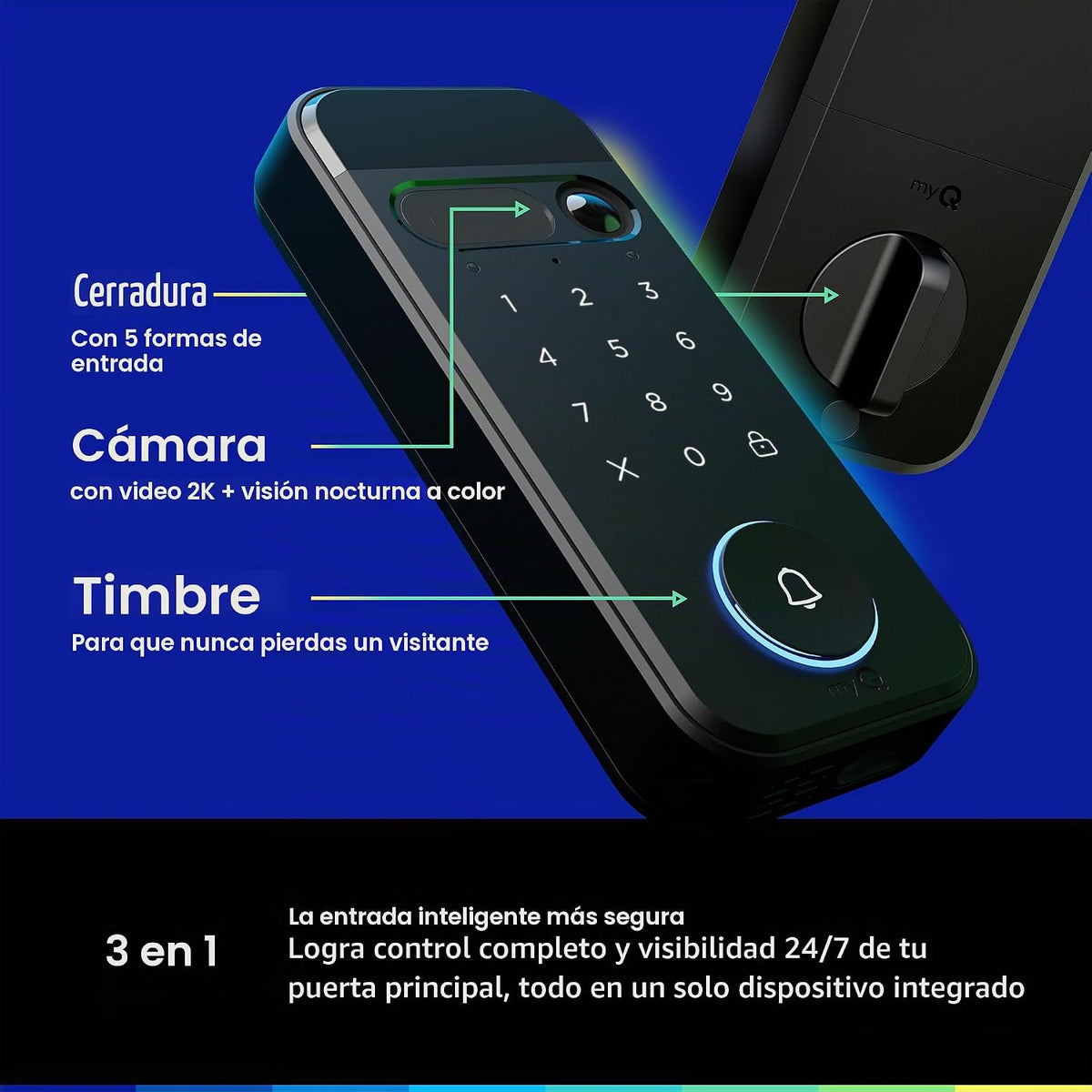 myQ Secure View™ Cerradura inteligente 3 en 1 con cámara de timbre de video HDR 2K, acceso facial, acceso de huellas dactilares, control PIN y aplicaciones: entrada inteligente con cámara incorporada