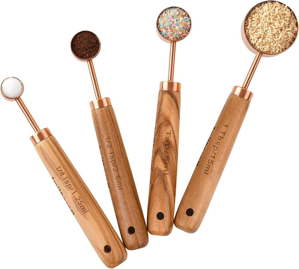 Juego de 8 tazas y cucharas medidoras de cobre con mango de madera de calidad, taza y cuchara medidora de acero inoxidable con equivalentes de medida para cocina y hornear, con 1/4, 1/3, 1