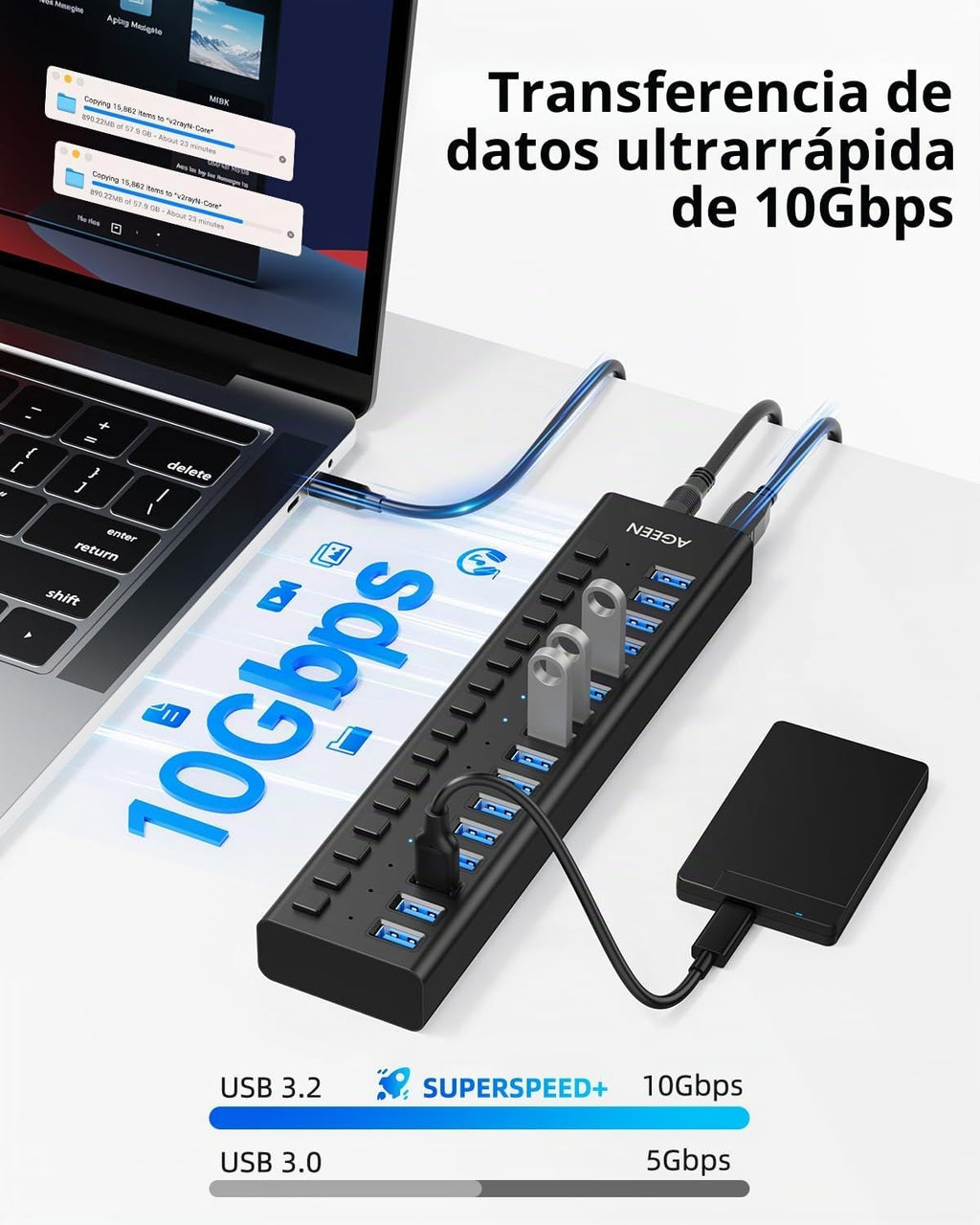 AGEEN, MKI-1200800C8, hub USB 3.2 de 16 puertos, alimentado, adaptador 12V/8A