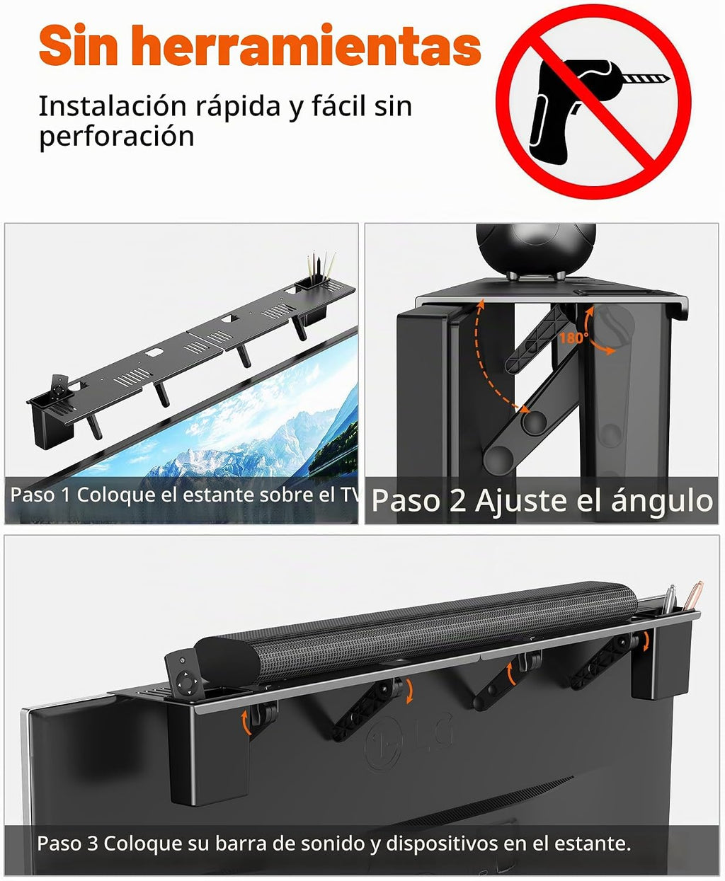 Soporte para barra de sonido, estante superior de TV de acero sin perforaciones con cajas de almacenamiento, soporte de barra de sonido de hasta 15 libras, soporte universal para barra de sonido para