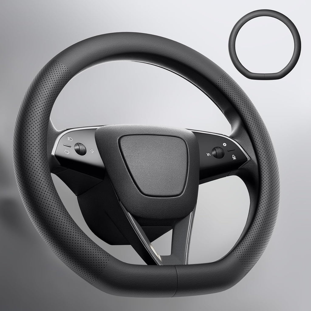 Wigoo Funda de volante para Tesla Model Y Juniper 2025-2026 y modelo 3 2024-2026 y modelo YL 2026-2027, accesorios de piel de napa, agarre cómodo antideslizante, forma D, color negro