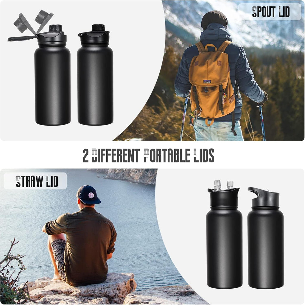 Botella de Agua Aislada de 32 oz Paquete a Granel de 8, Botellas de Agua Deportivas de Acero Inoxidable con Tapa de Pajita y Tapas de Boca Ancha, Vacío de Doble Pared, A Prueba de Fugas, Negro