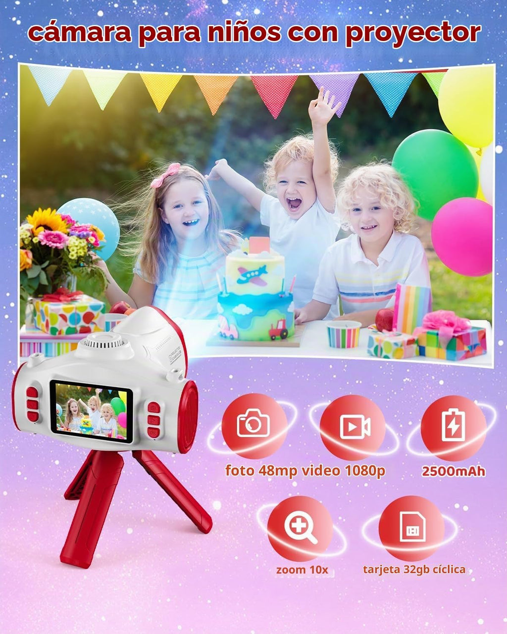 Cámara para niños con proyector, nave espacial, cámara digital HD de 48 MP para niños, grabadora de video 1080P, juguete con tarjeta SD de 32 GB y trípode, espacio exterior, cumpleaños para niños y