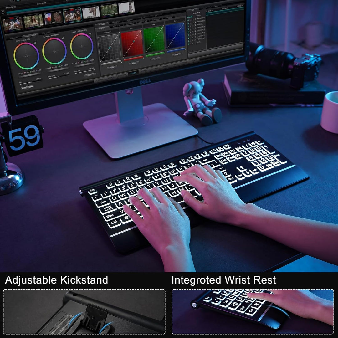 Teclado de computadora retroiluminado de letras grandes, teclado re...