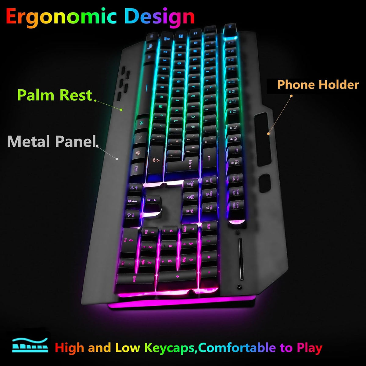 Teclado y mouse inalámbricos RGB para juegos, retroiluminación recargable, batería de larga duración, sensación mecánica de panel de metal con reposamanos, mouse para juegos de 7 colores y alfombrilla