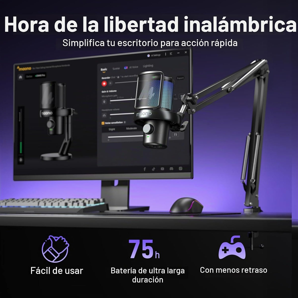 MAONO Micrófono inalámbrico DM40 Pro AI con soporte de brazo de micrófono, cancelación de ruido AI, cambiador de voz AI, toque para silenciar, micrófono de condensador inalámbrico de PC para juegos