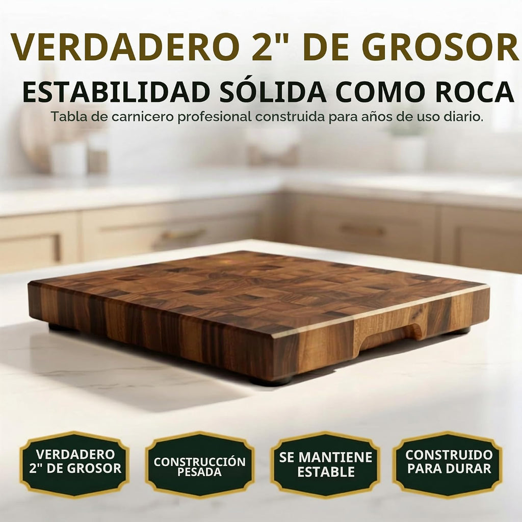 SHUMARU Tabla de cortar de grano final de 17.3 × 12.6 × 2 pulgadas, bloque de carnicero profesional de tamaño familiar, bloque de cortar de madera exótica gruesa, tabla de cortar de madera apta para