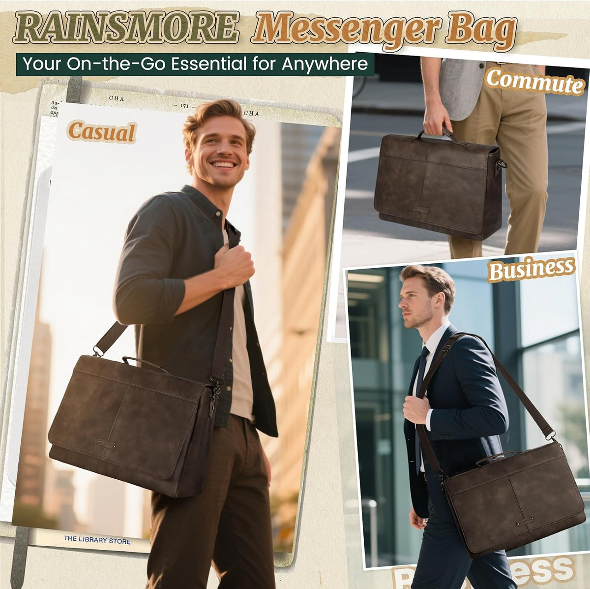 RAINSMORE - Bolso bandolera vintage con solapa para hombres, de PU, para laptop de 15.6 pulgadas, portafolio impermeable, bolso para computadora