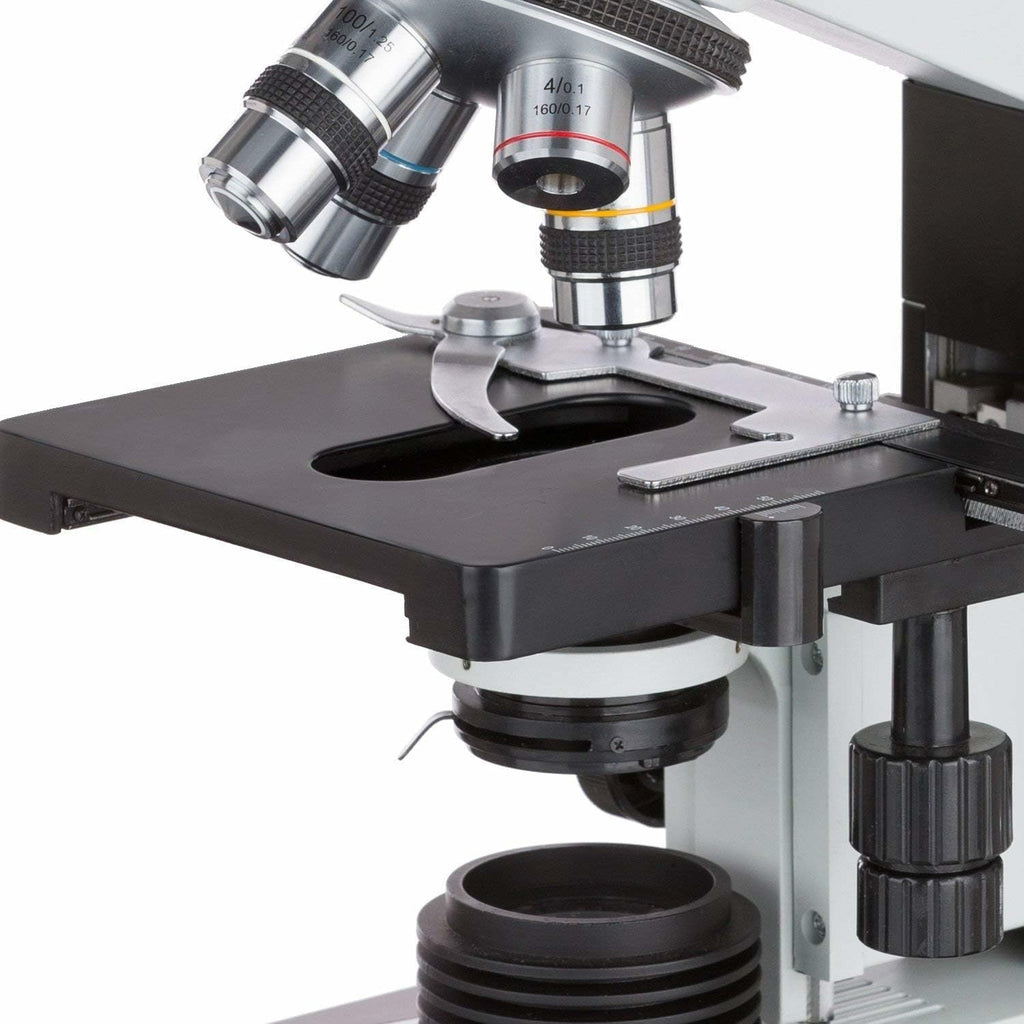 AmScope T490B Microscopio trinocular compuesto, ampliación de 40X-2000X, luz halógena, condensador Abbe, mesa mecánica de 2 capas, óptica de alta resolución, premiado con el n.° 6 entre los 10 mejores microscopios de 2016