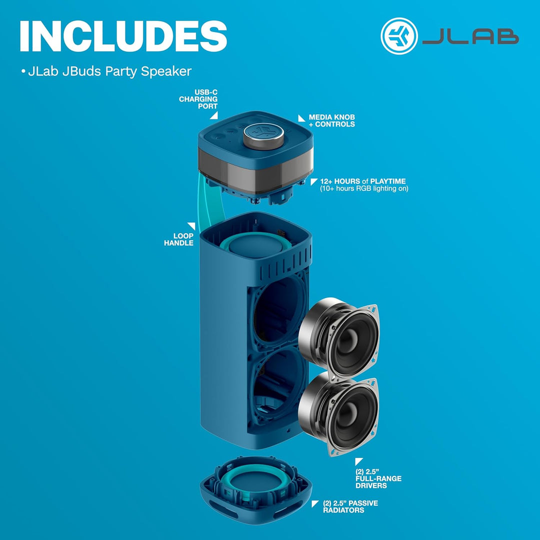 JLab, JBuds Party Altavoz Bluetooth portátil, impermeable, iluminac...