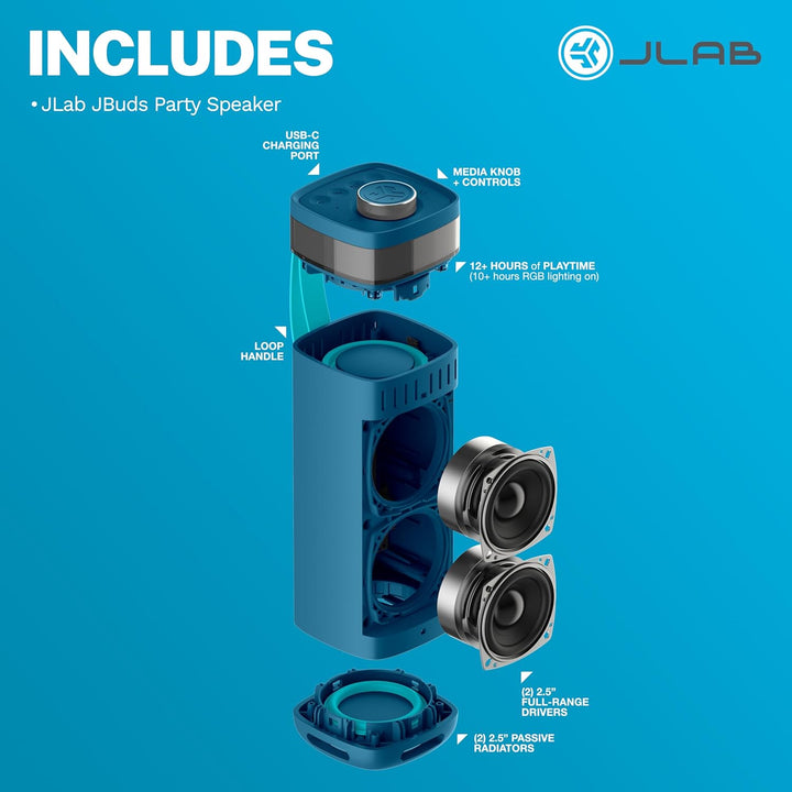 JLab, JBuds Party Altavoz Bluetooth portátil, impermeable, iluminac...
