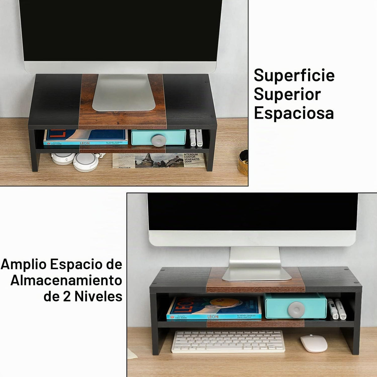 TEAMIX Base elevadora para monitor de 20 pulgadas - 2 niveles, estantería de madera moderna para escritorio
