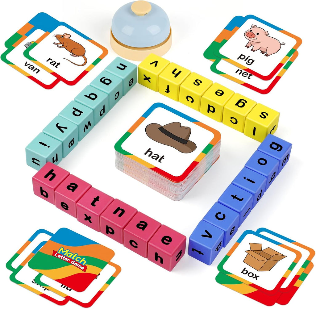 Cubo de carreras de palabras - Bloques de letras del alfabeto de madera preescolar y juegos de coincidencia de fonética - Juguetes de aprendizaje de palabras CVC