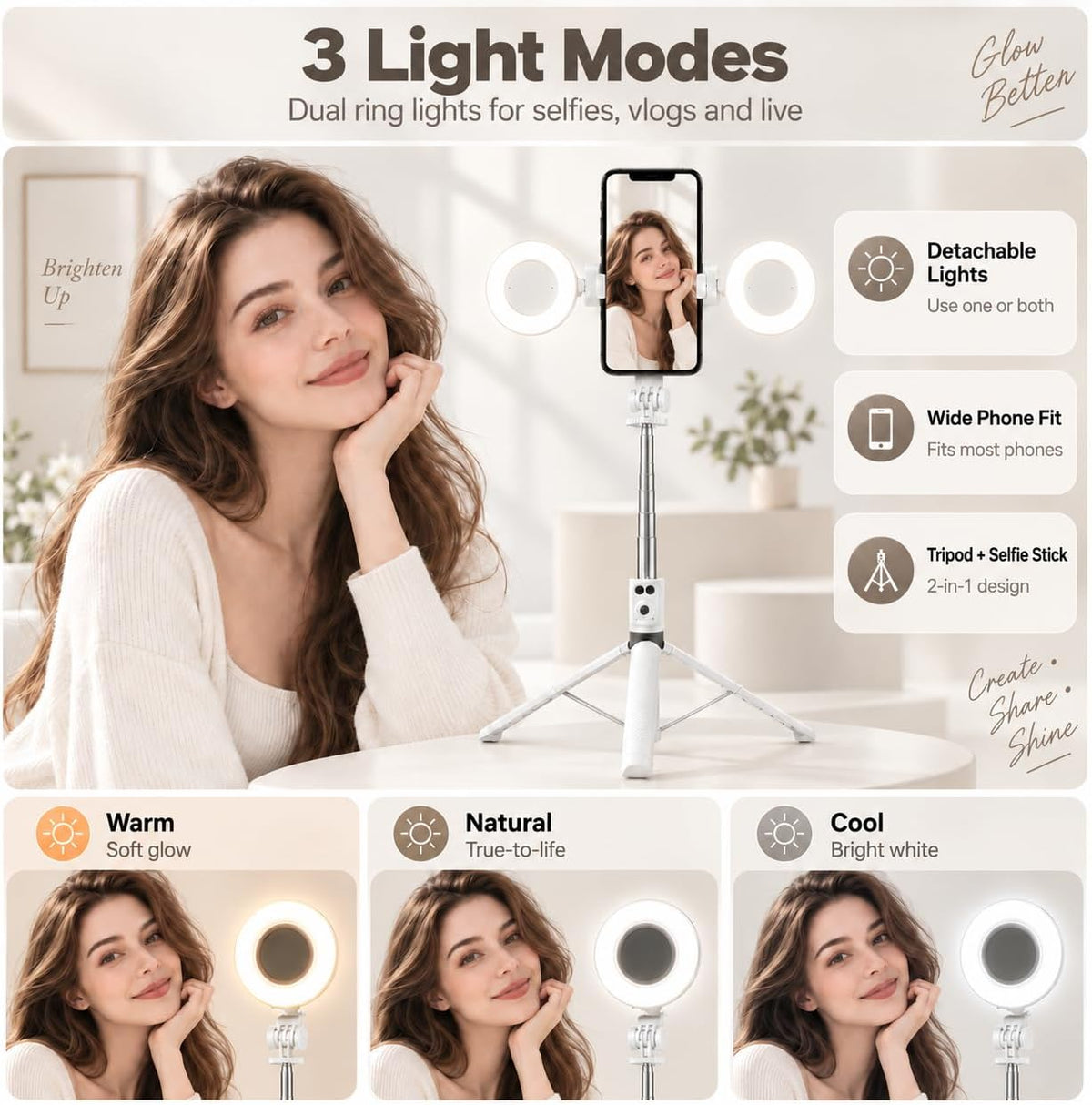 Trípode blanco del teléfono con la luz, 67 en Selfie Stick para el iPhone