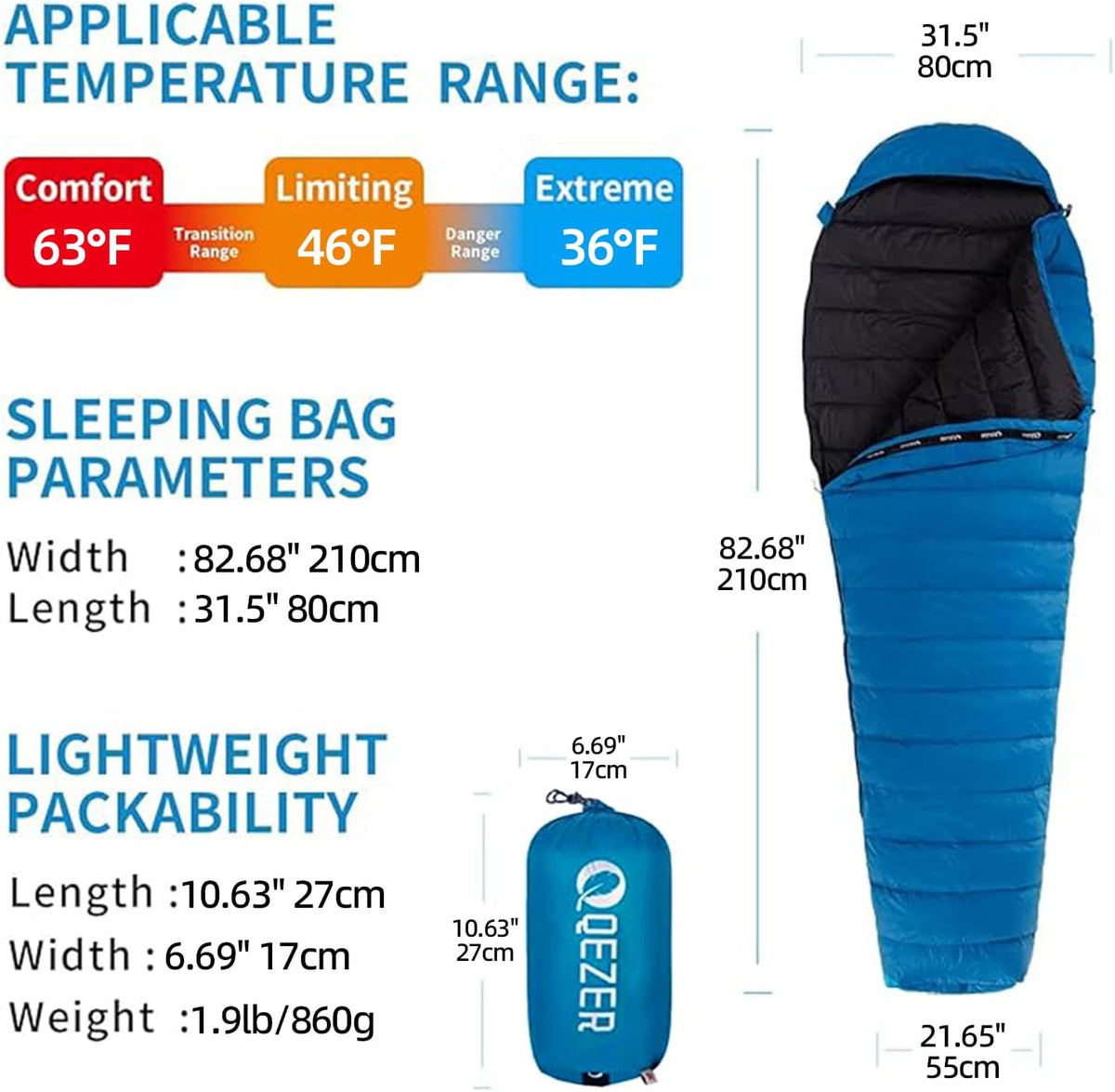 Saco de Dormir para Adultos 0 Grados - Trekking con Clima Frío