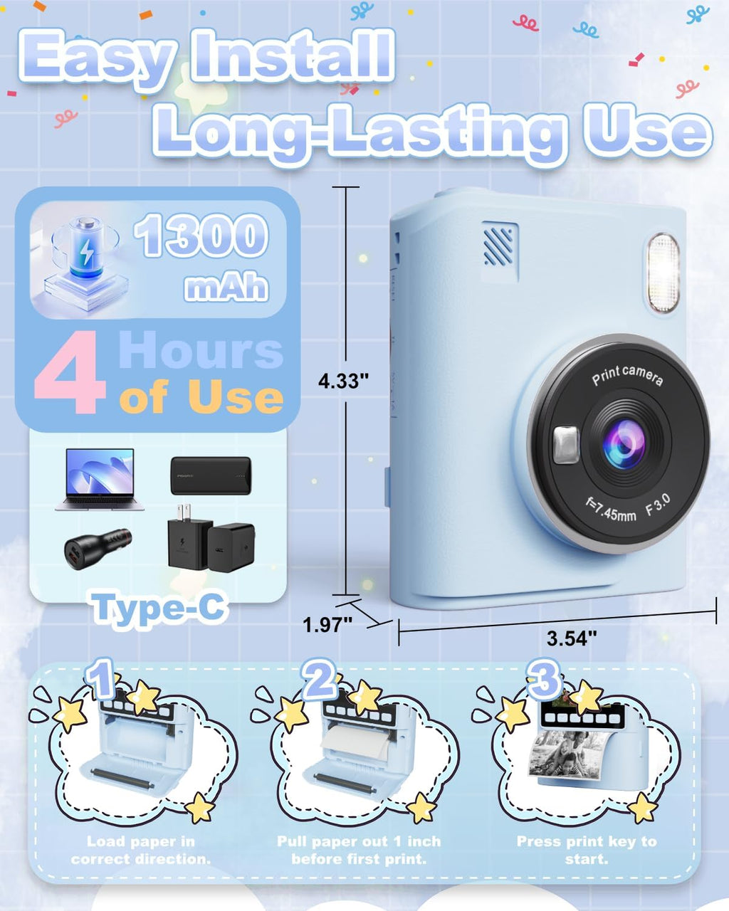 Cámara de impresión instantánea para niños, cámaras de impresión digital instantánea 1080P para niños pequeños, juguete portátil para niñas de 4, 5, 6, 7, 8, 9, 10 años, regalos de cumpleaños de Navidad para niñas y niños con tarjeta SD azul