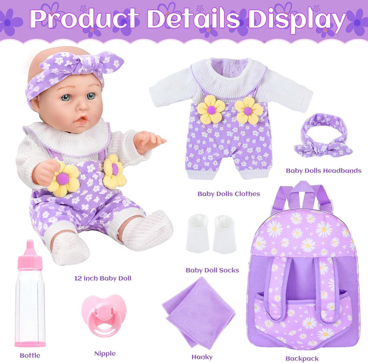 Muñeca de bebé de 12 pulgadas con patrón de flores con portabebés t...
