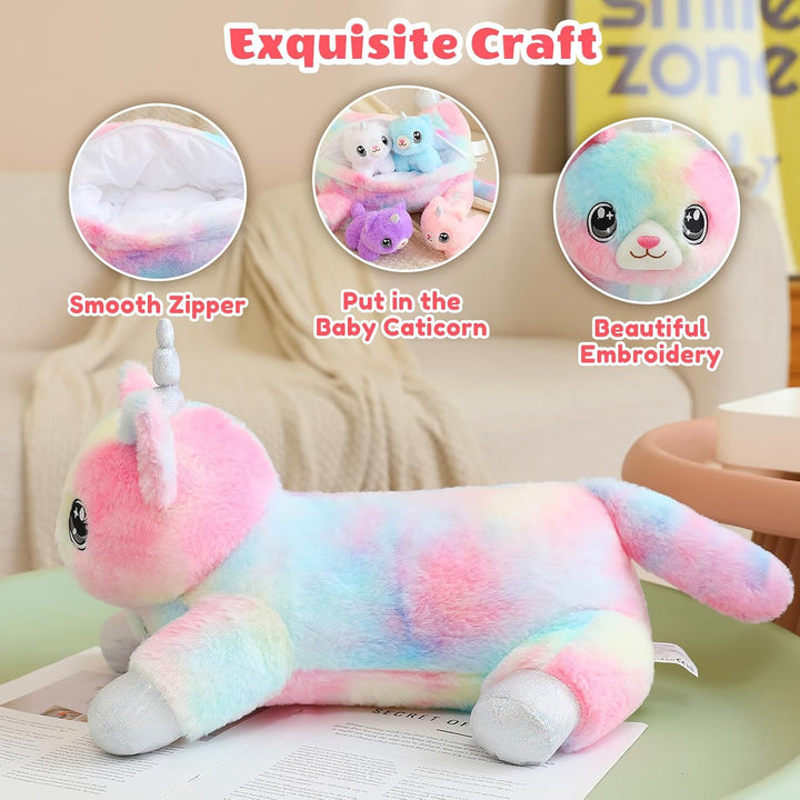 SQEQE Gato Unicornio de Peluche Mamá Gato Unicornio con 4 Lindos Ga...