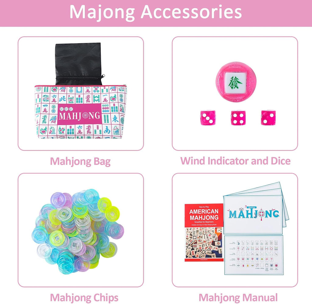 Set de 160 Fichas de Mahjong en color Rosa con Grabado y Bolsa de Transporte y Accesorios, Juego de Fichas de Mahjong de 1.2’’