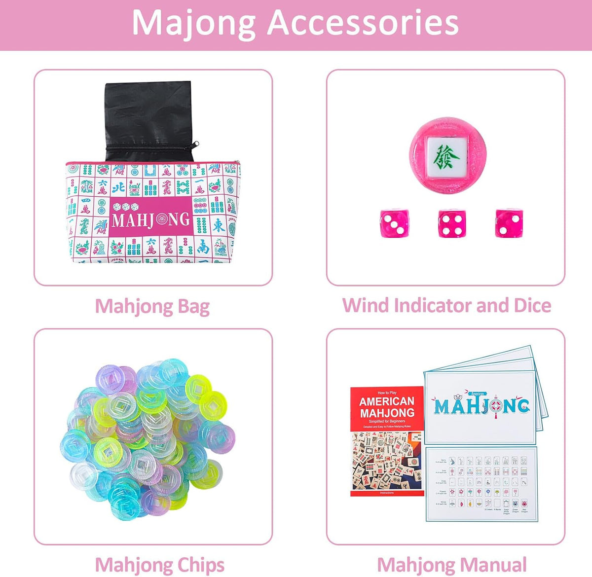 Set de 160 Fichas de Mahjong en color Rosa con Grabado y Bolsa de Transporte y Accesorios, Juego de Fichas de Mahjong de 1.2’’