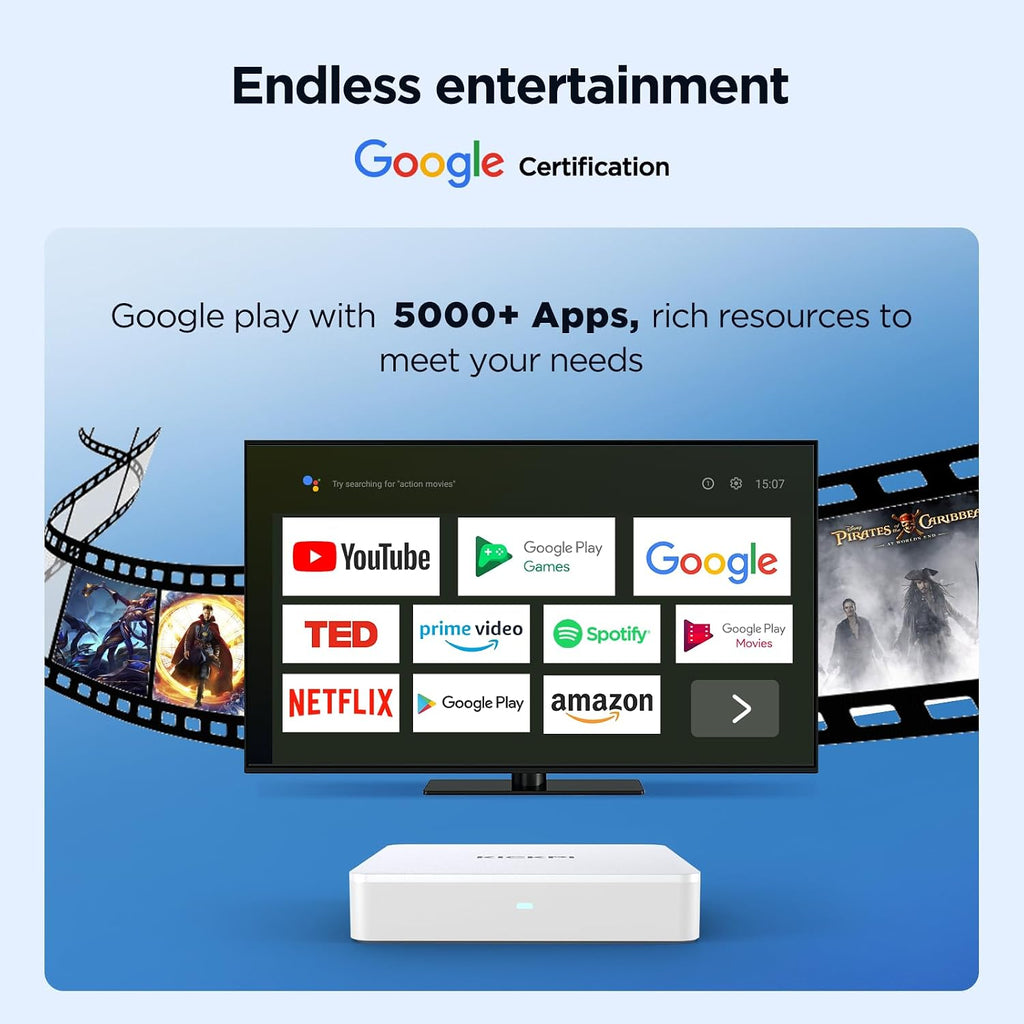 KP1 Android TV Box Google Certified 4K Streaming Device 2GB RAM 16GB ROM con búsqueda por voz, Chromecast integrado Dolby Audio WiFi5 Bluetooth 5.0, entretenimiento en el hogar inteligente