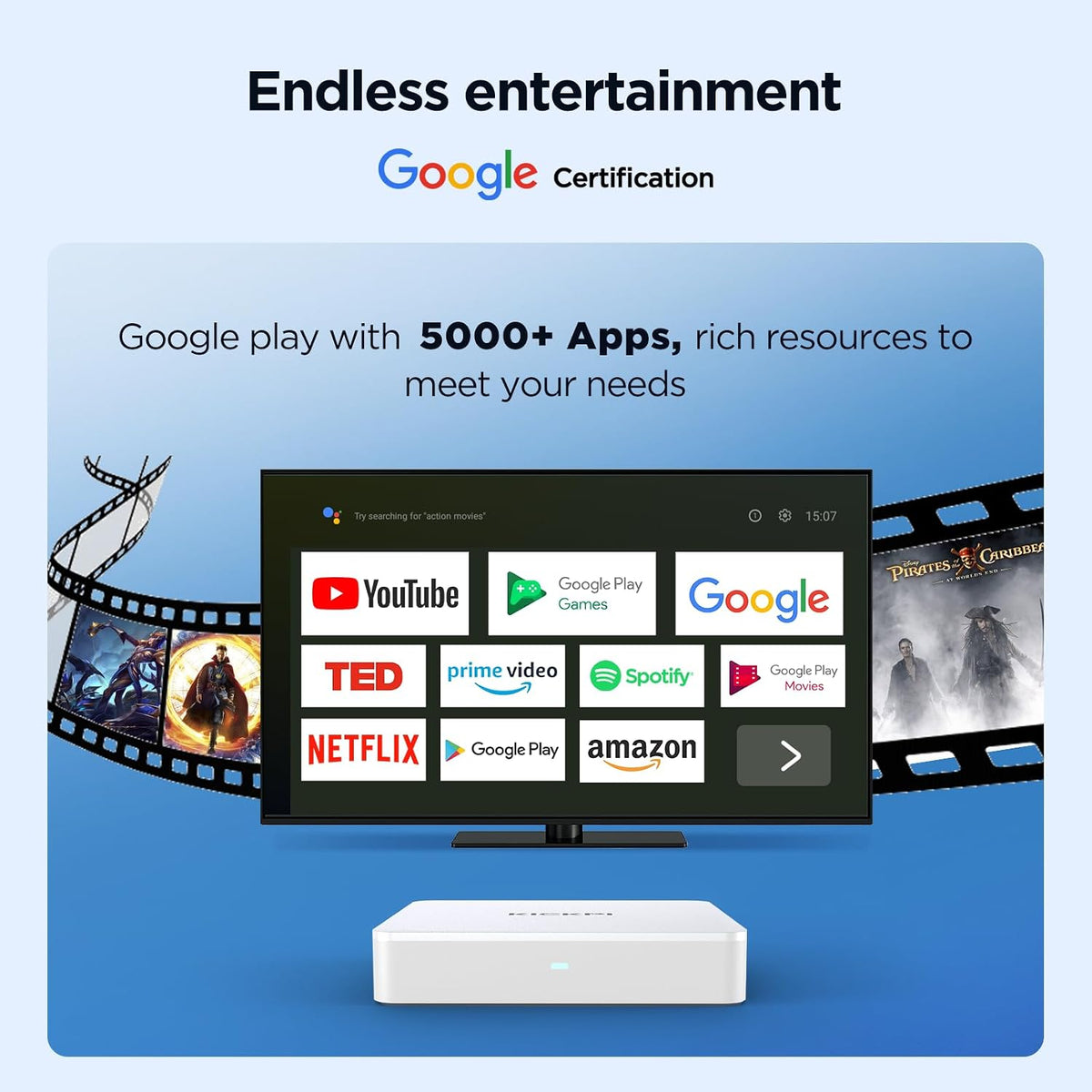 KP1 Android TV Box Google Certified 4K Streaming Device 2GB RAM 16GB ROM con búsqueda por voz, Chromecast integrado Dolby Audio WiFi5 Bluetooth 5.0, entretenimiento en el hogar inteligente