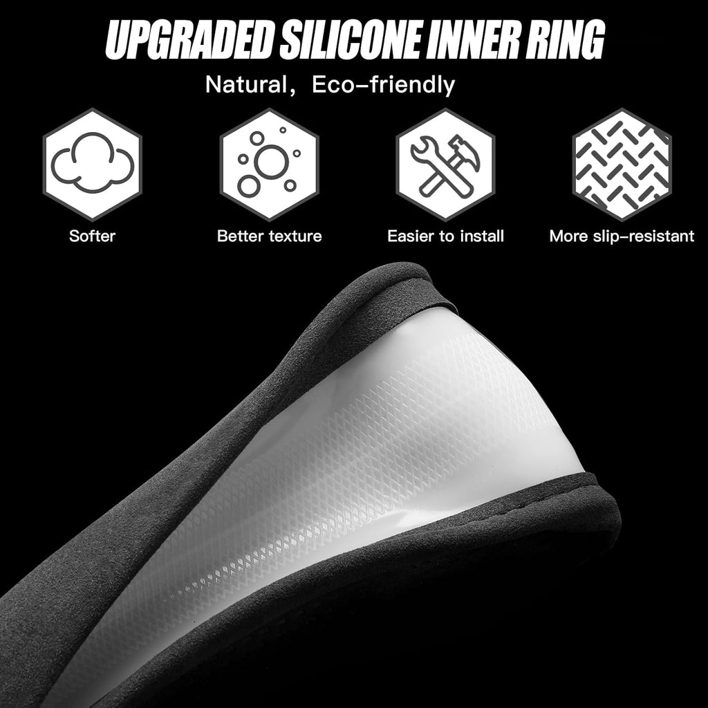 Funda para volante de gamuza con anillo interior de silicona mejorado, transpirable, antideslizante, cuero universal para volante de 14.5 a 15 pulgadas (negro con marca roja)