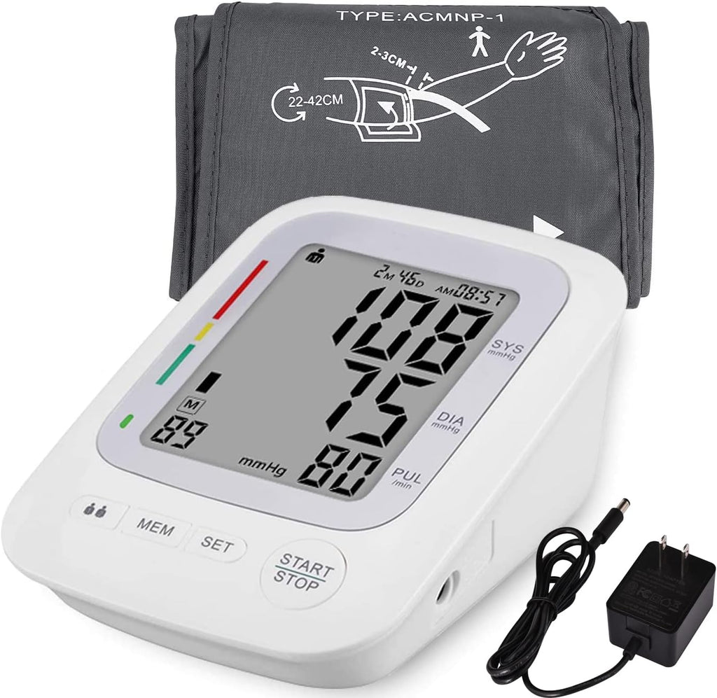 Monitor electrónico de presión arterial, monitor digital automático de presión arterial superior del brazo, brazalete grande, 2 usuarios 180 memoria grande, indicador de frecuencia cardíaca irregular, con adaptador de CC para uso doméstico