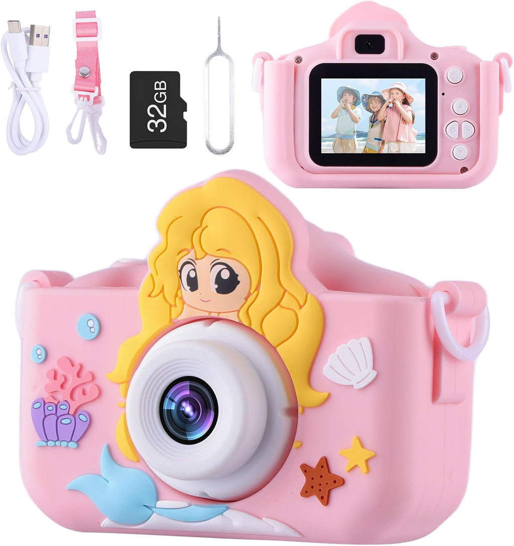 Cámara para niñas de 3 a 8 años, juguetes de sirena, cámara digital para niños pequeños, regalos de Navidad y cumpleaños para niñas de 3, 4, 5, 6, 7, 8 años, linda cámara de video selfie, HD