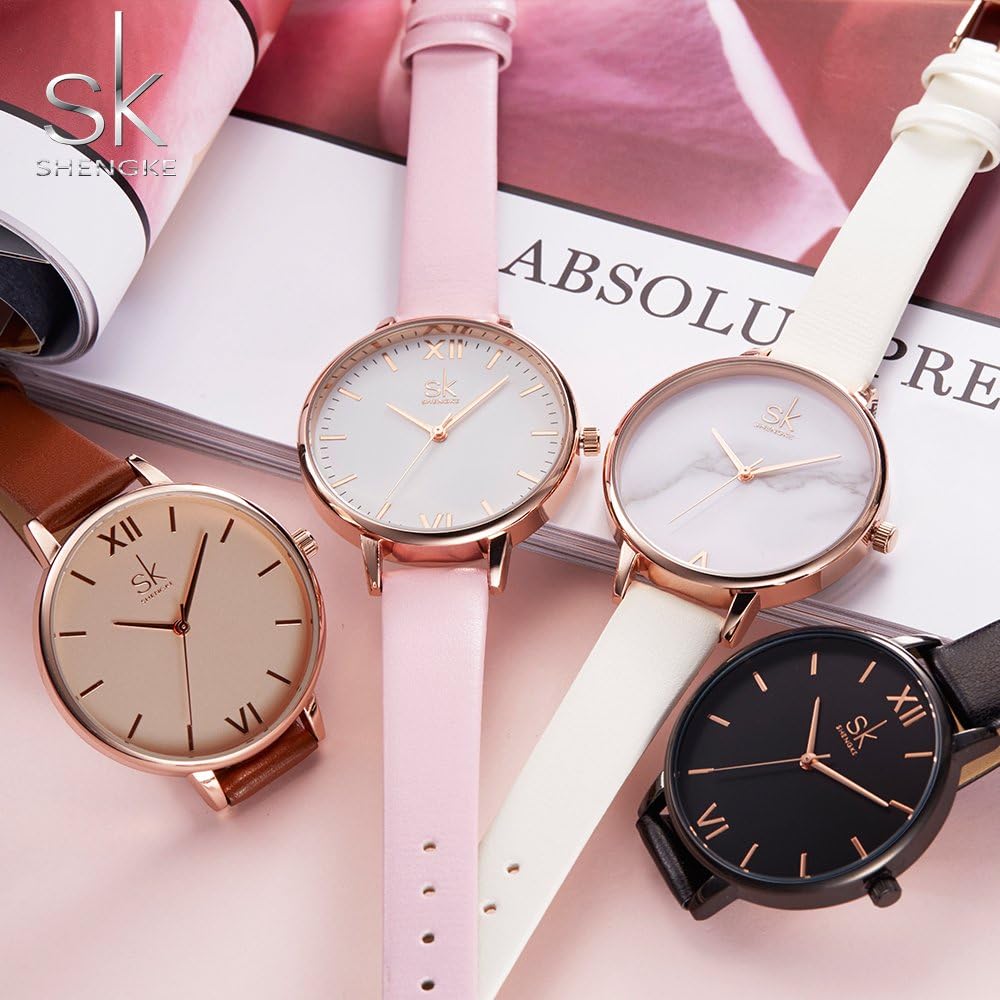 SHENGKE Reloj de mujer con correa de cuero elegante, relojes de mujer creativos y genuinos, relojes de mujer para damas, reloj de pulsera de negocios